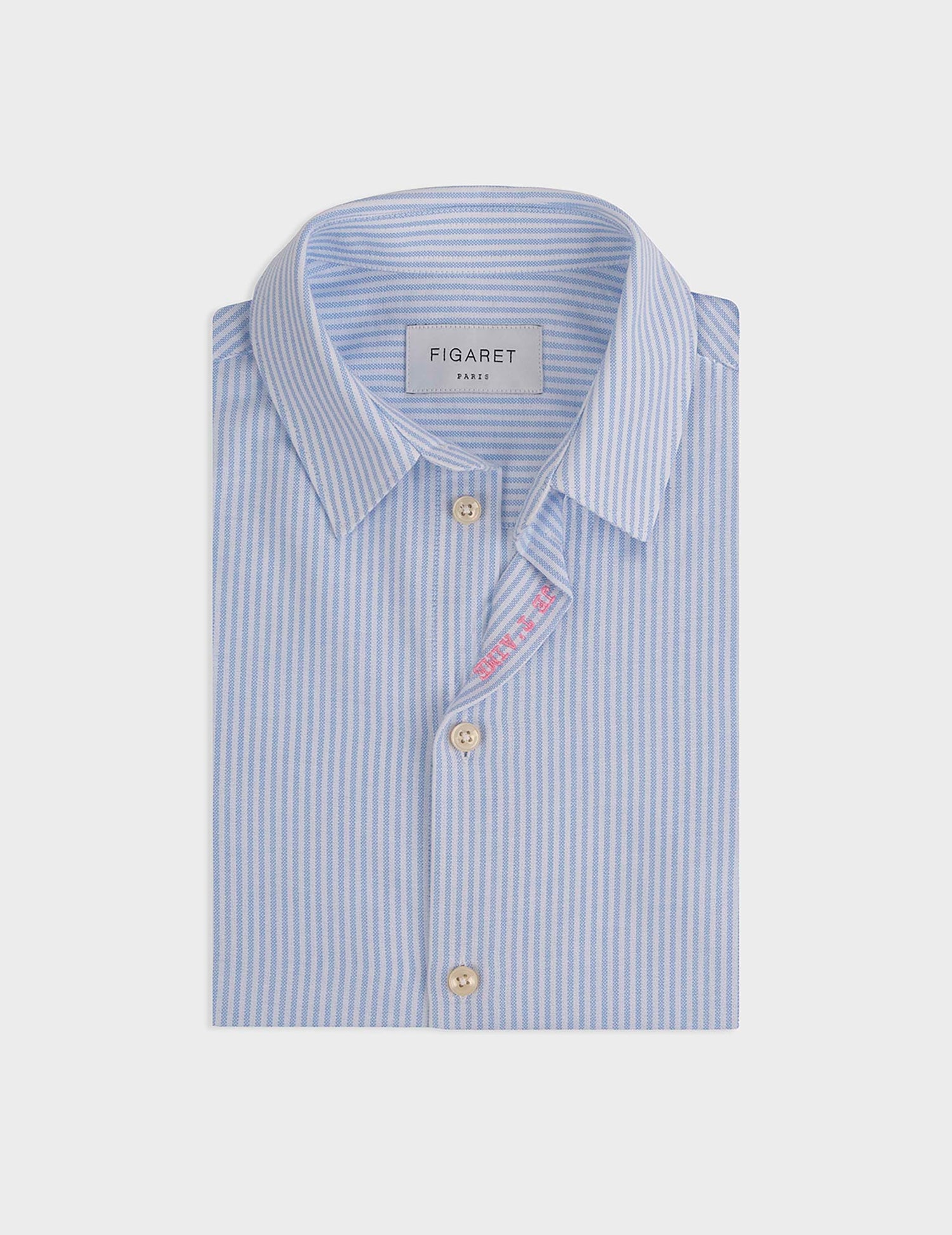 Chemise "Je t'aime" enfant rayée bleu clair - Oxford - Col Figaret