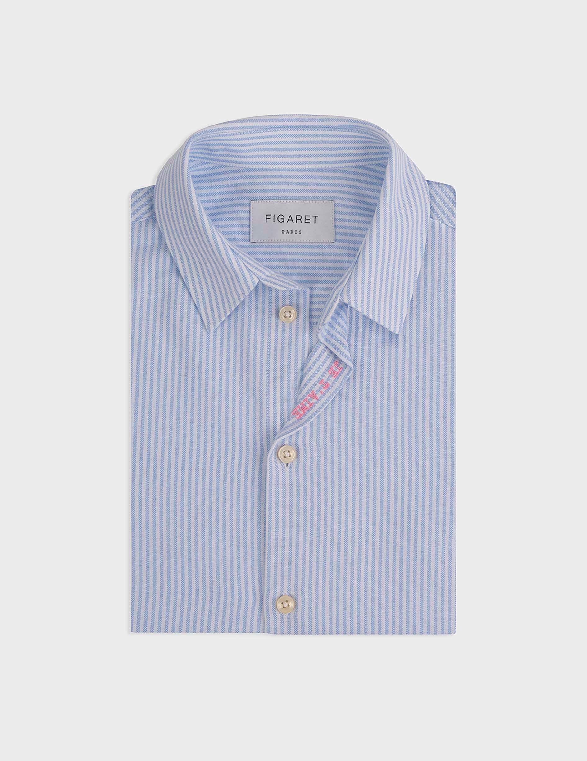 Chemise "Je t'aime" enfant rayée bleu clair - Oxford - Col Figaret