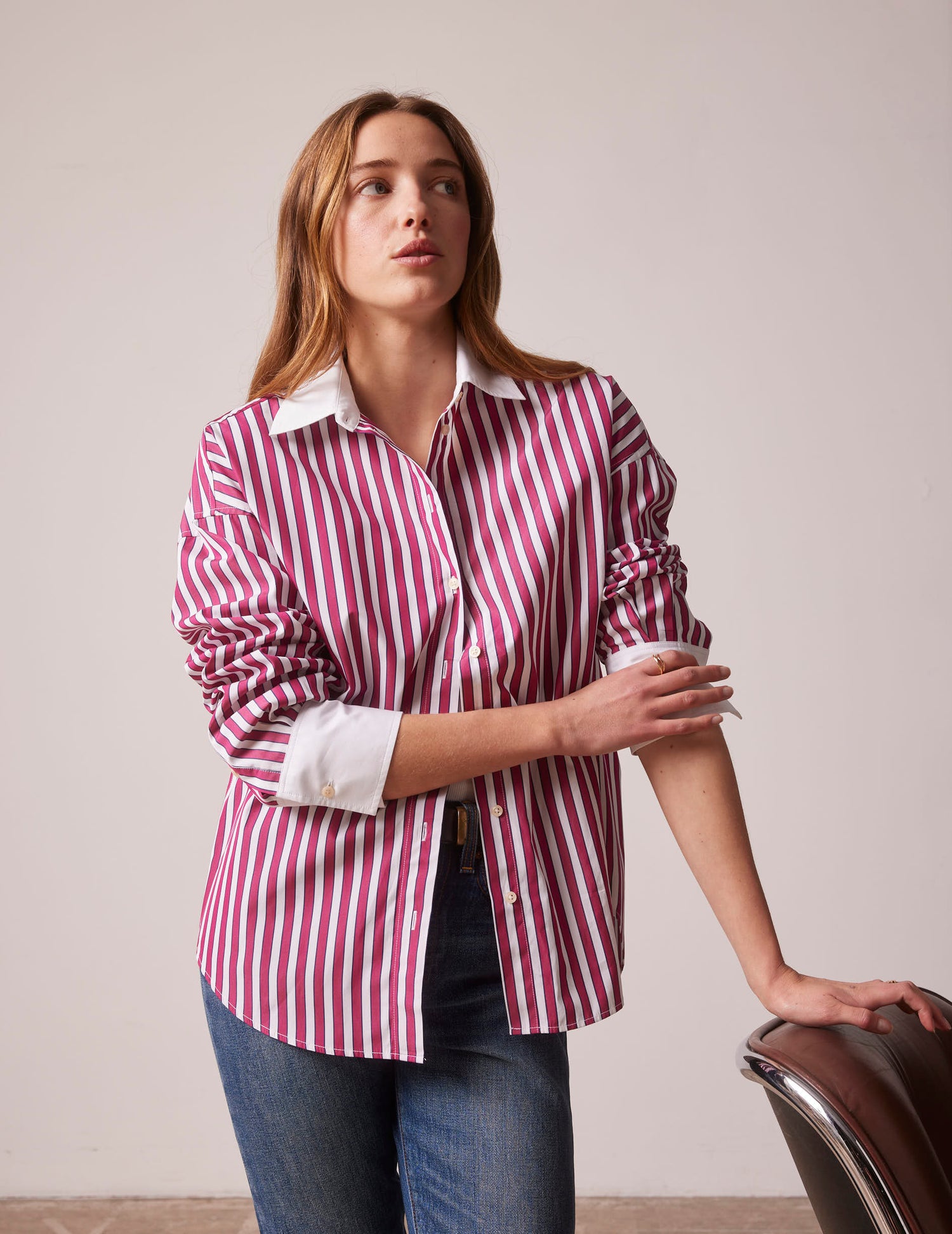 Oversized burgundy striped Lizandra shirt - Poplin - Shirt Collar#3