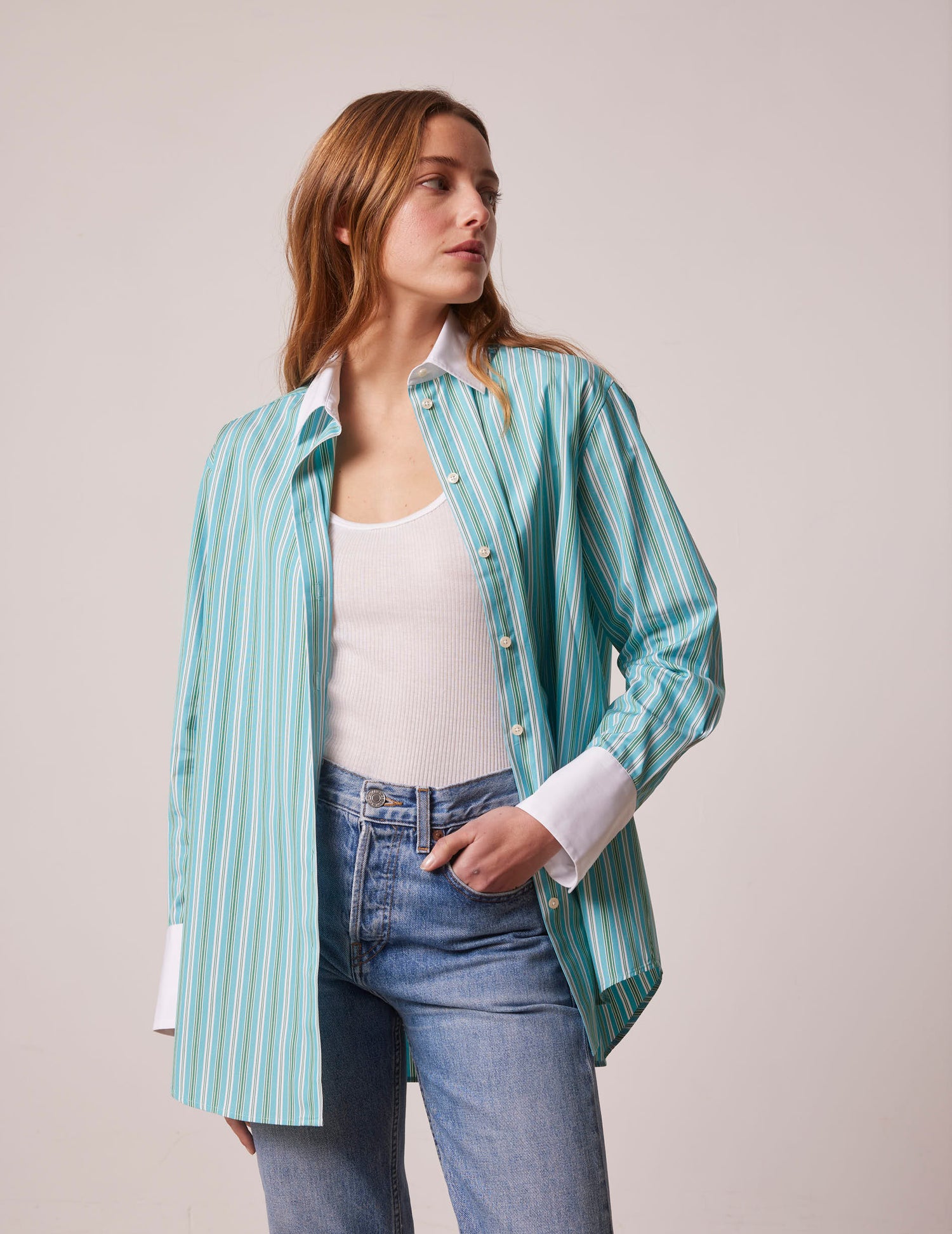 Oversized green striped Mathilde shirt - Poplin - Shirt Collar#3