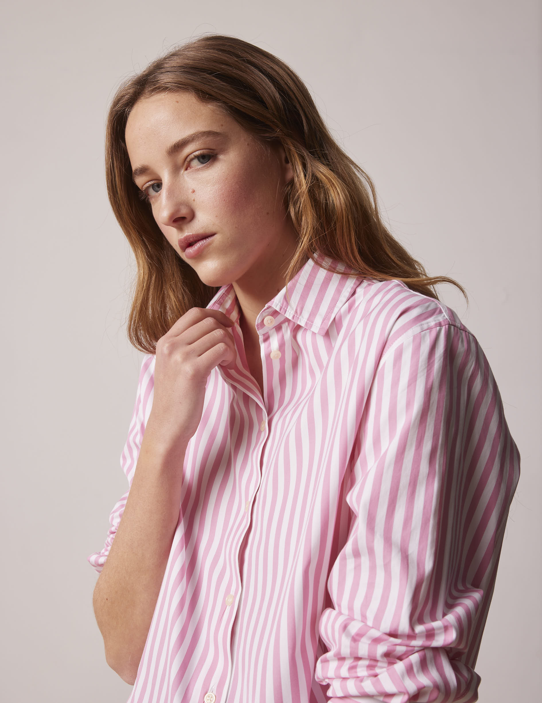 Chemise oversize Mathilde rayée rose - Popeline - Col Chemise