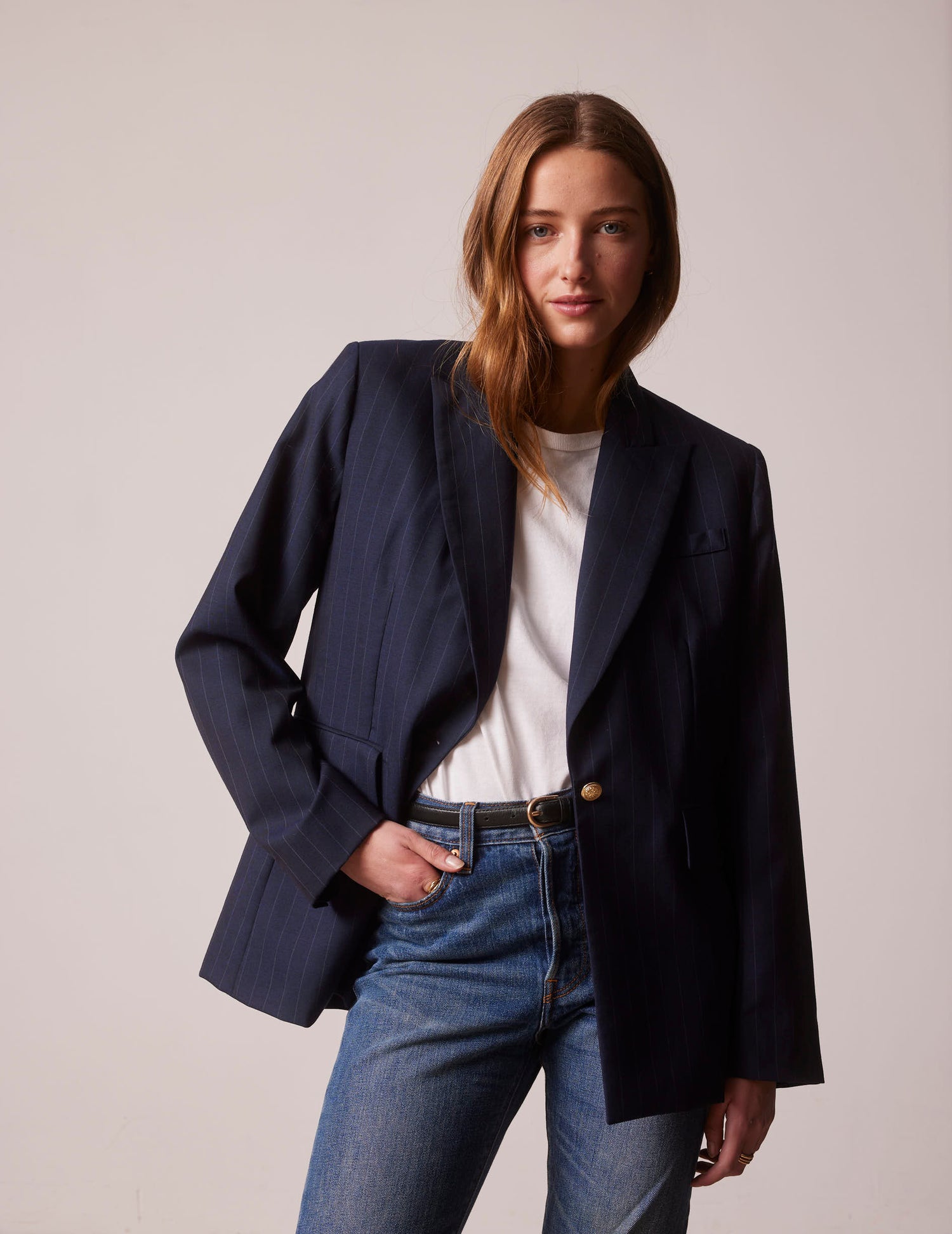 Navy blue striped Lyvia blazer in wool-canvas