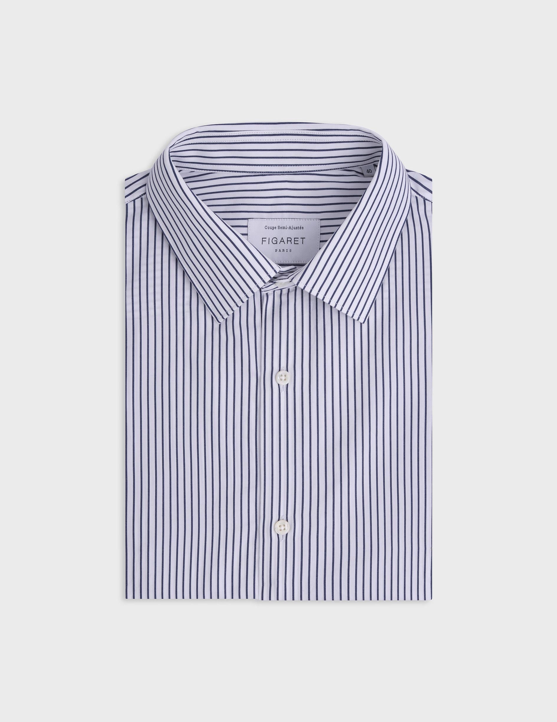 Navy striped semi-fitted shirt - Poplin - Figaret Collar