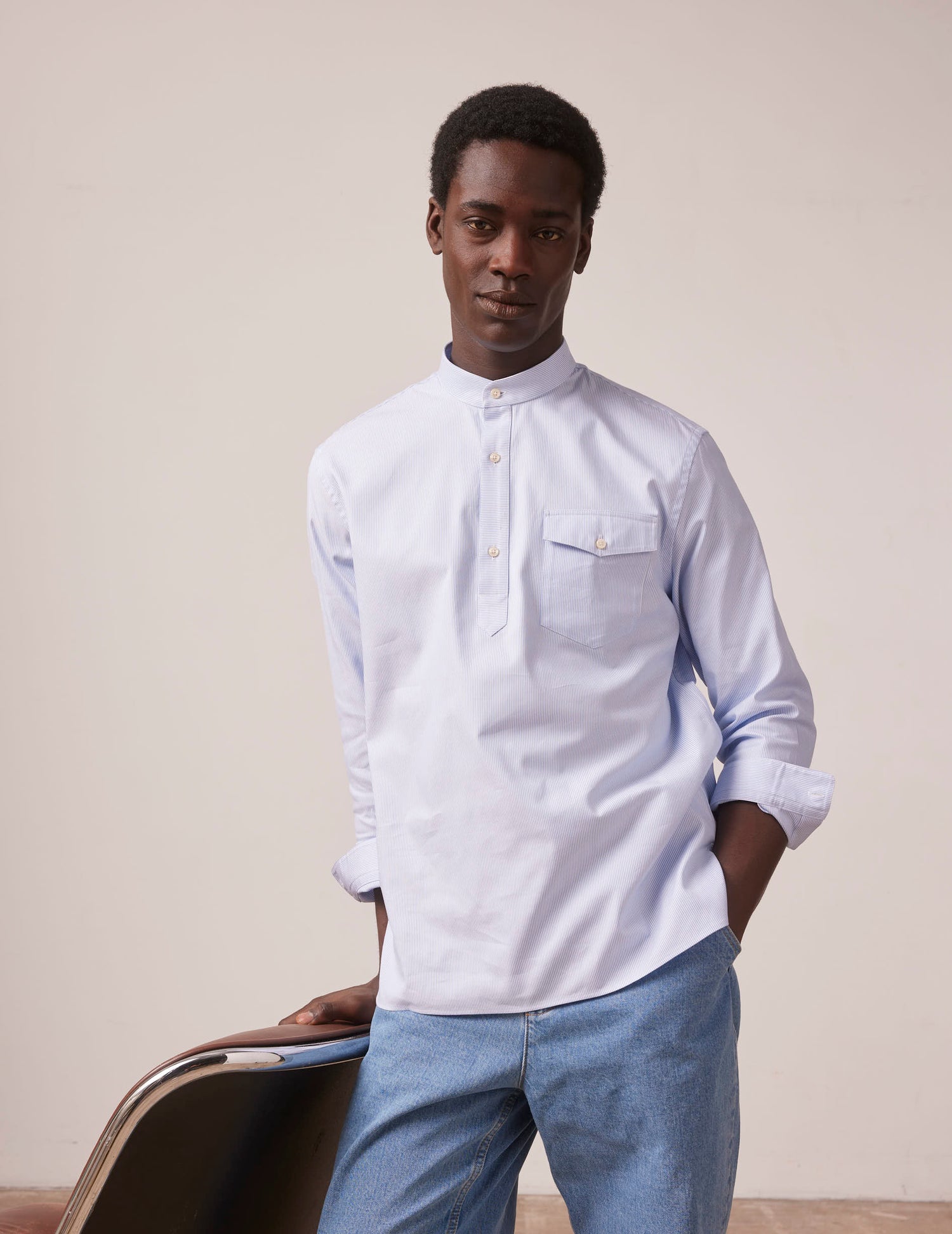 Blue striped Hilario popover shirt - Oxford - Officer Collar