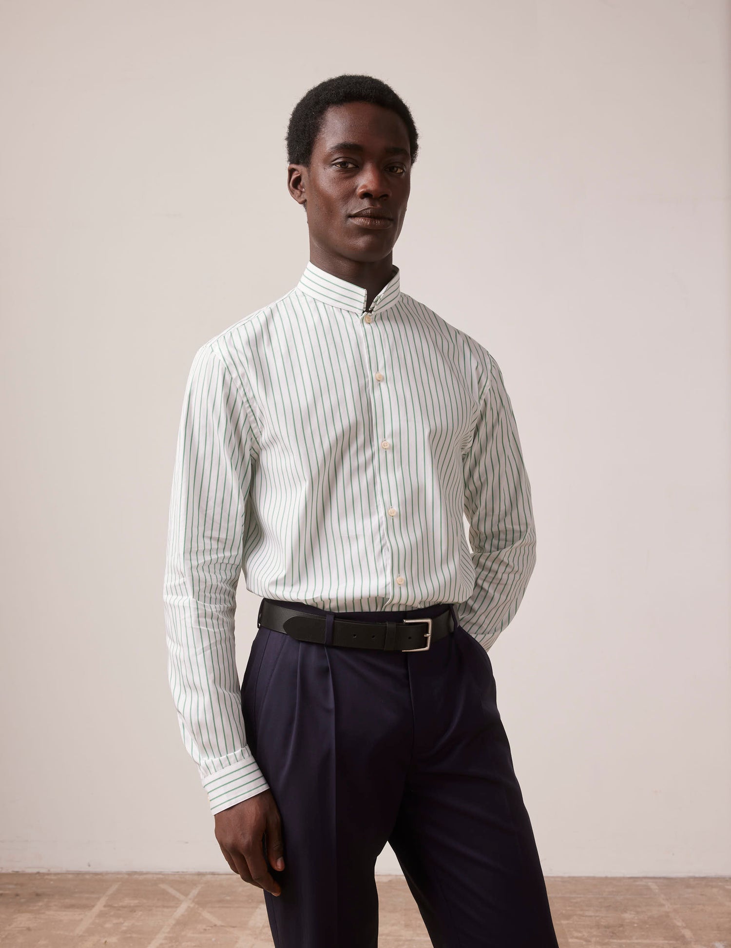 Green striped semi-fitted shirt - Poplin - Reverse Collar#3