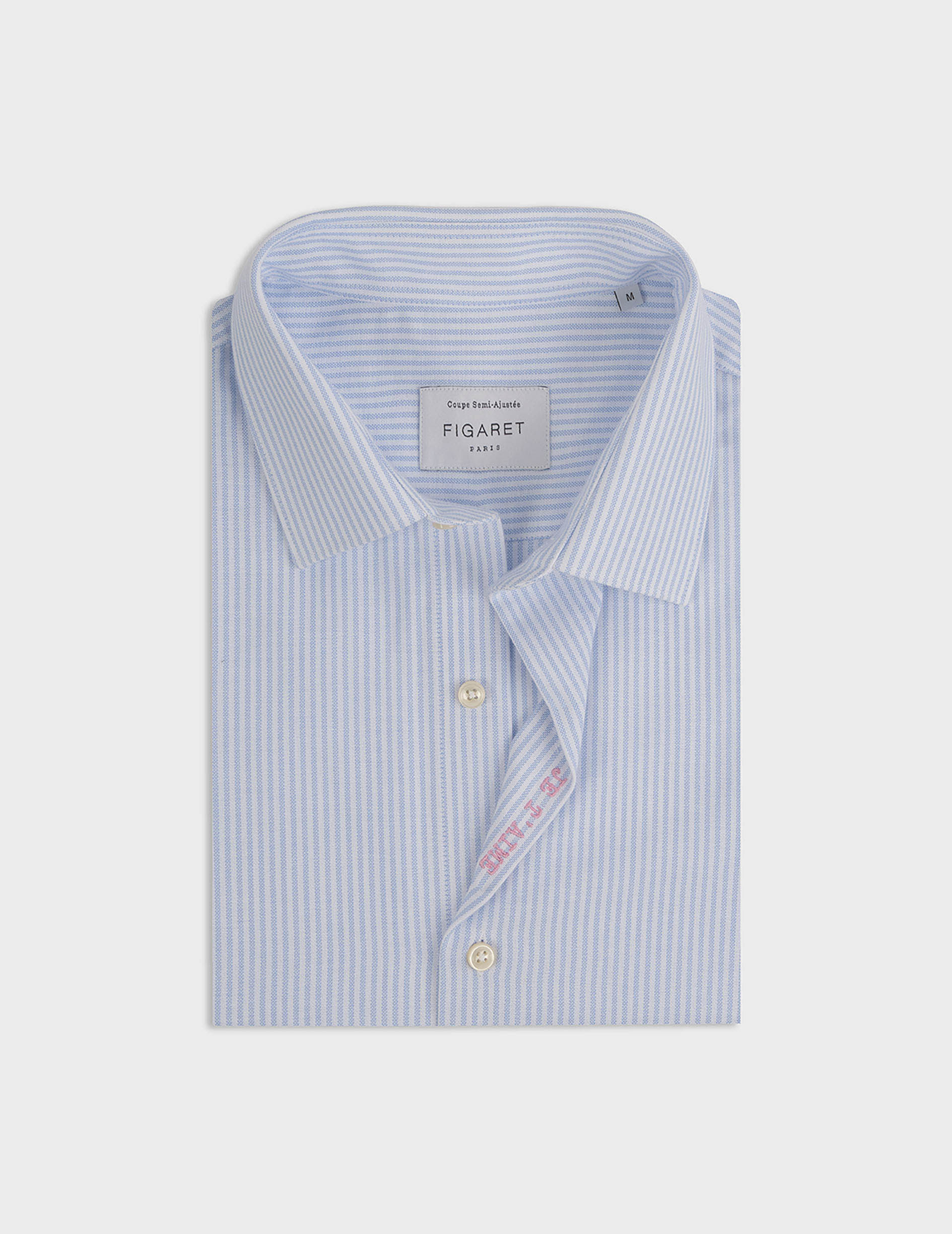 Chemise mixte "Je t'aime" rayée bleue - Oxford - Col Figaret