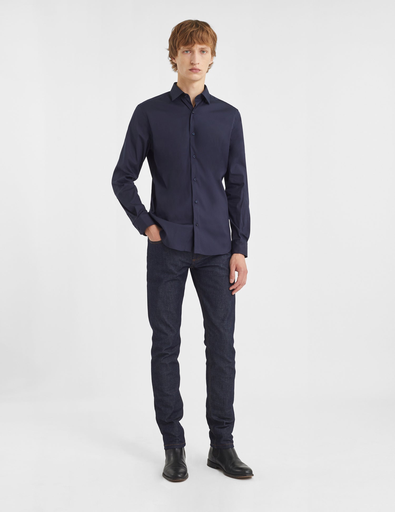 Chemise Ajustée stretch bleu marine - Popeline - Col Figaret#5