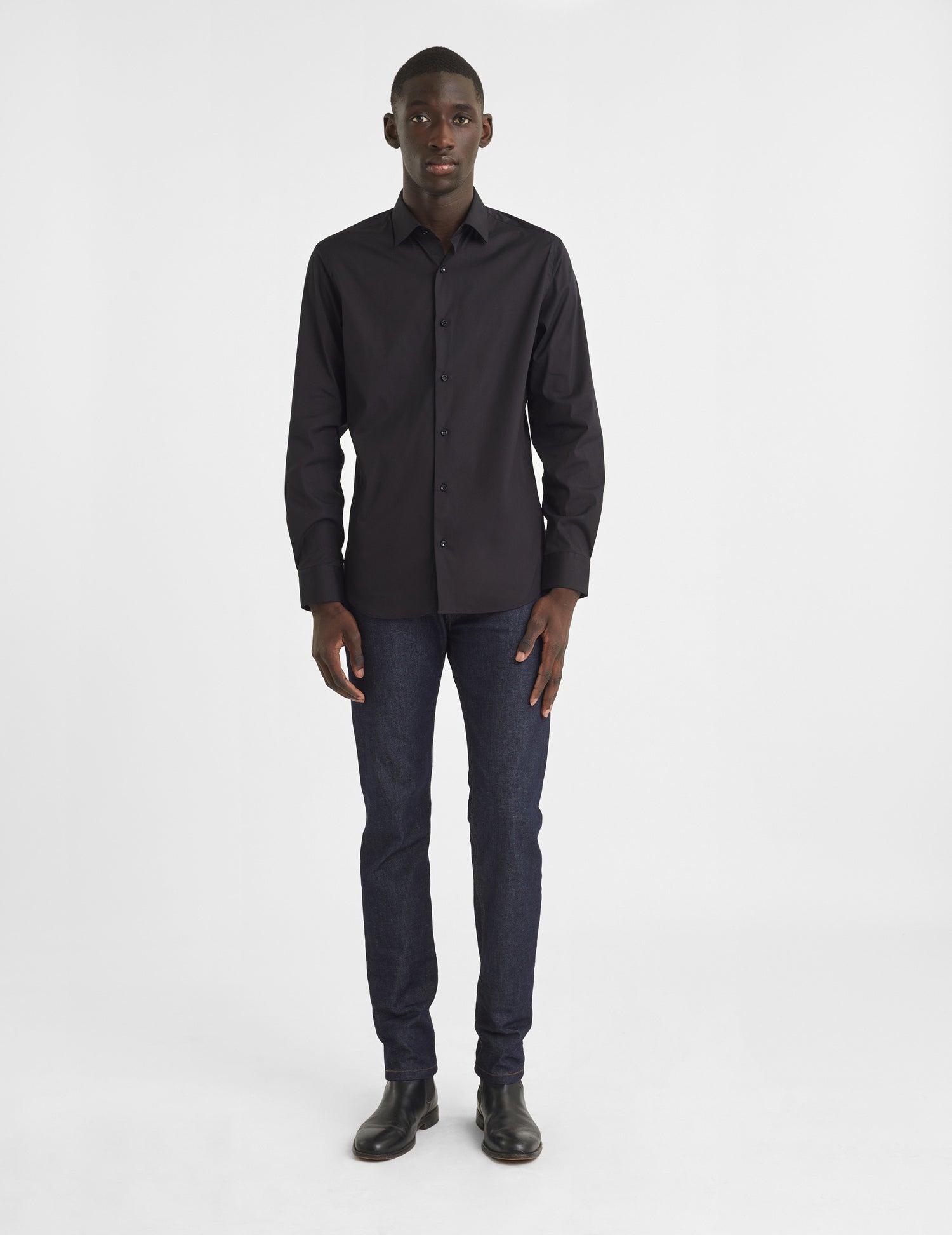 Semi-fitted black stretch shirt - Poplin - Figaret Collar#5