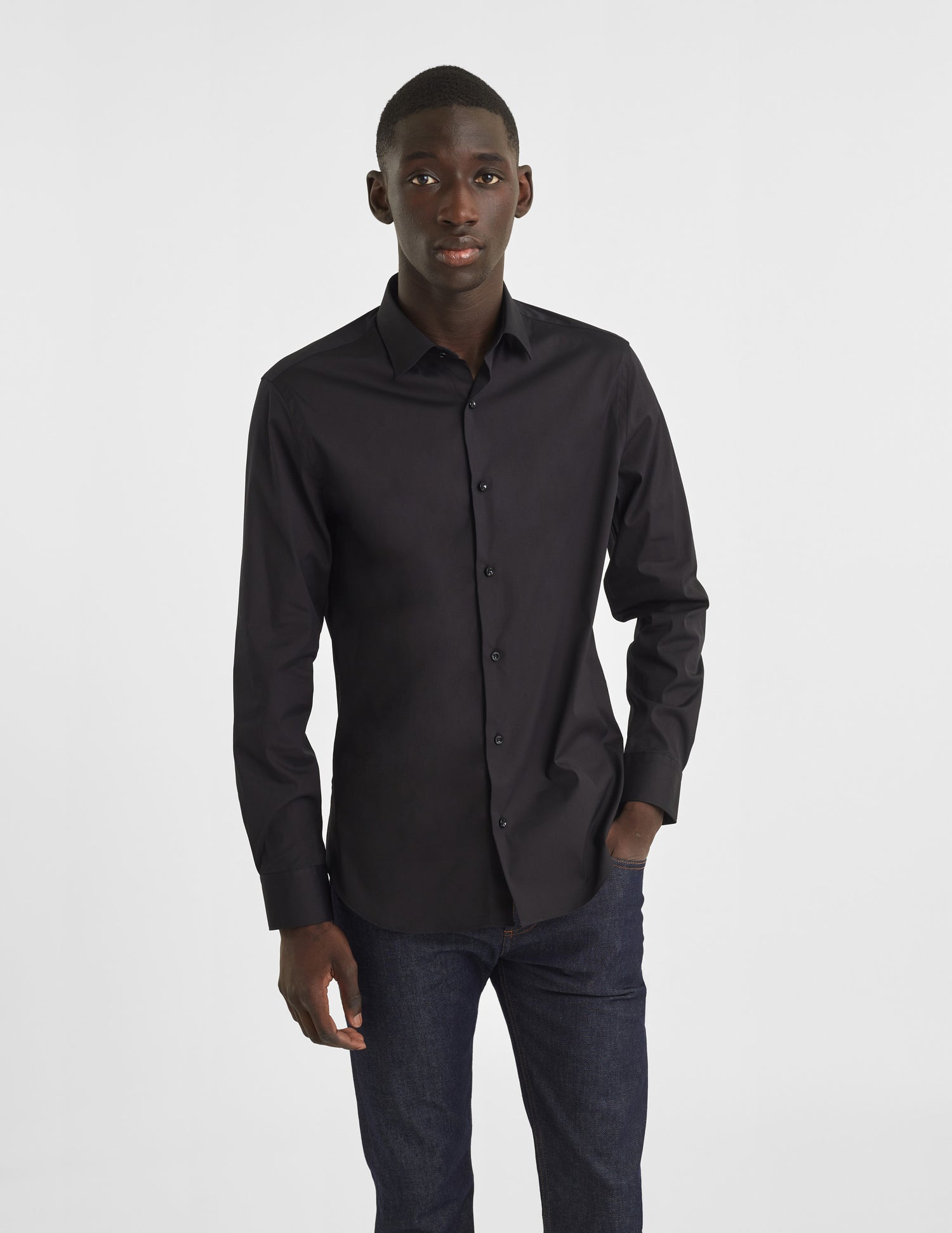 Semi-fitted black stretch shirt - Poplin - Figaret Collar#3