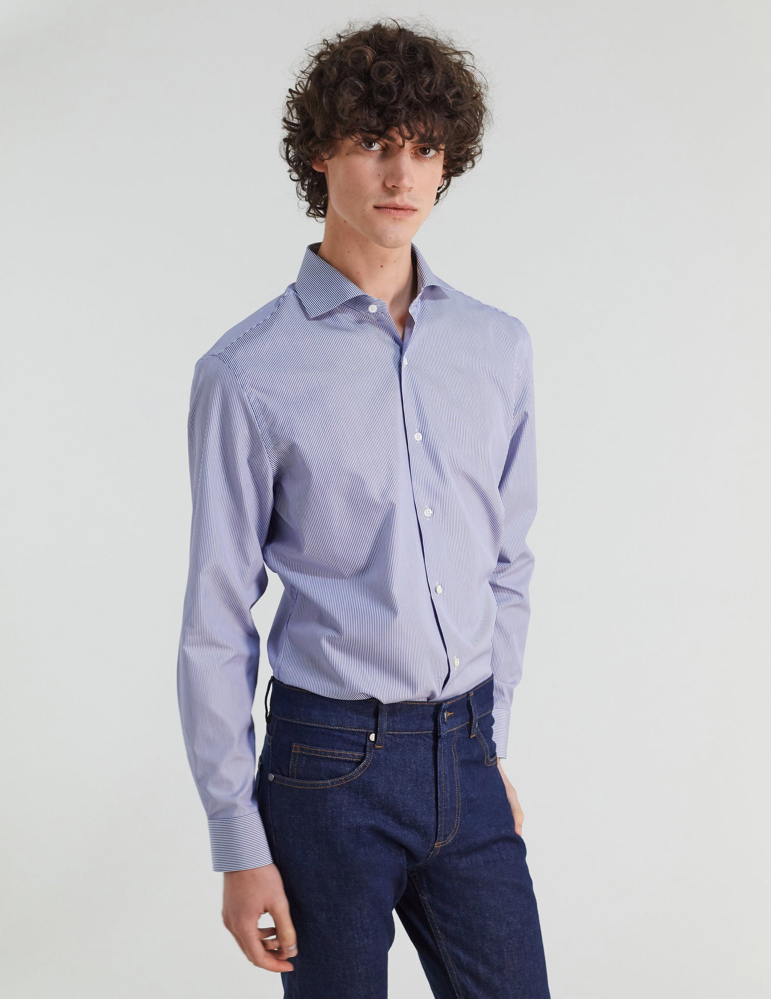 Semi-fitted blue striped shirt - Poplin - Italian Collar#3