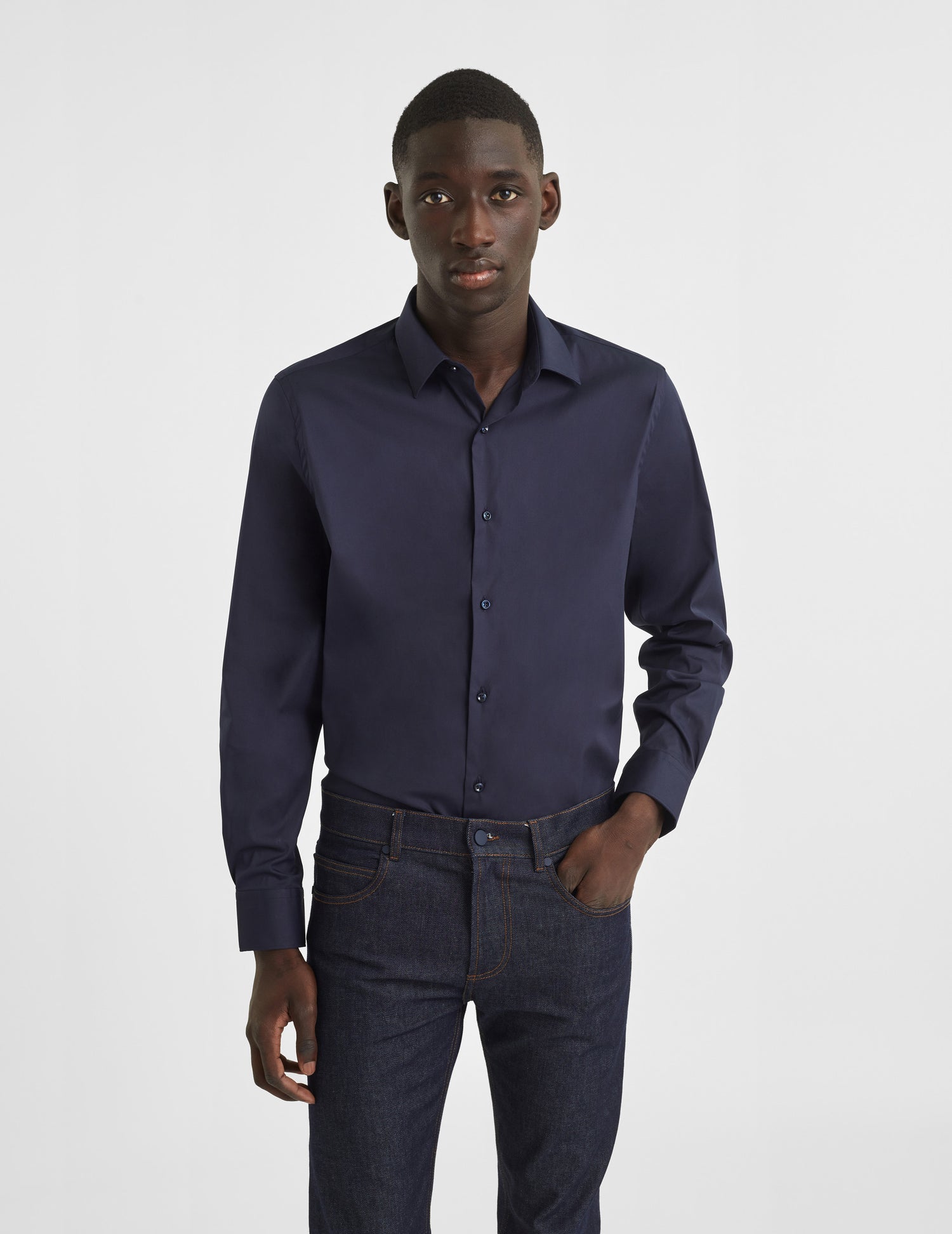 Semi-fitted navy stretch shirt - Poplin - Figaret Collar#3