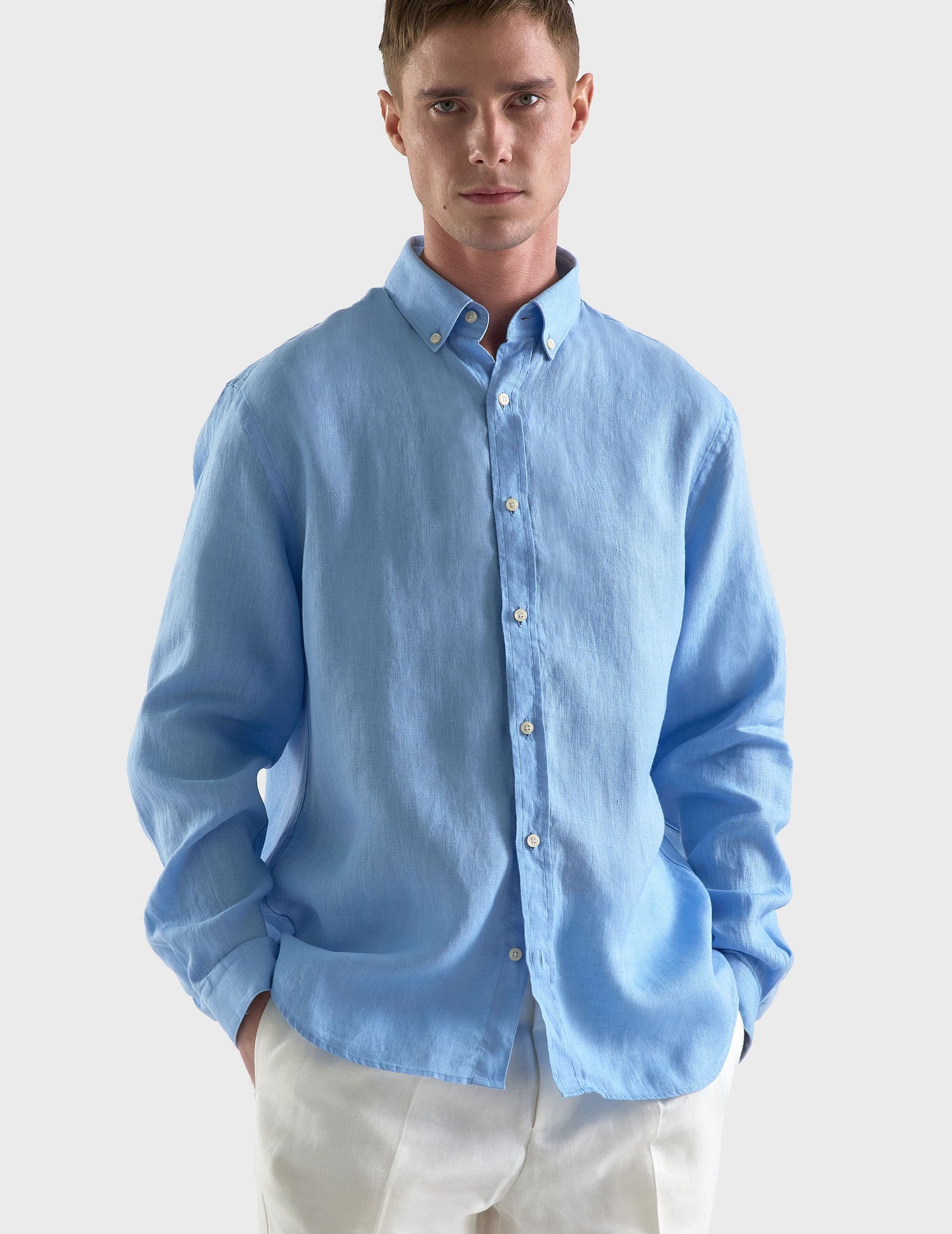 Chemise Gaspard en lin bleu - Lin - Col Américain