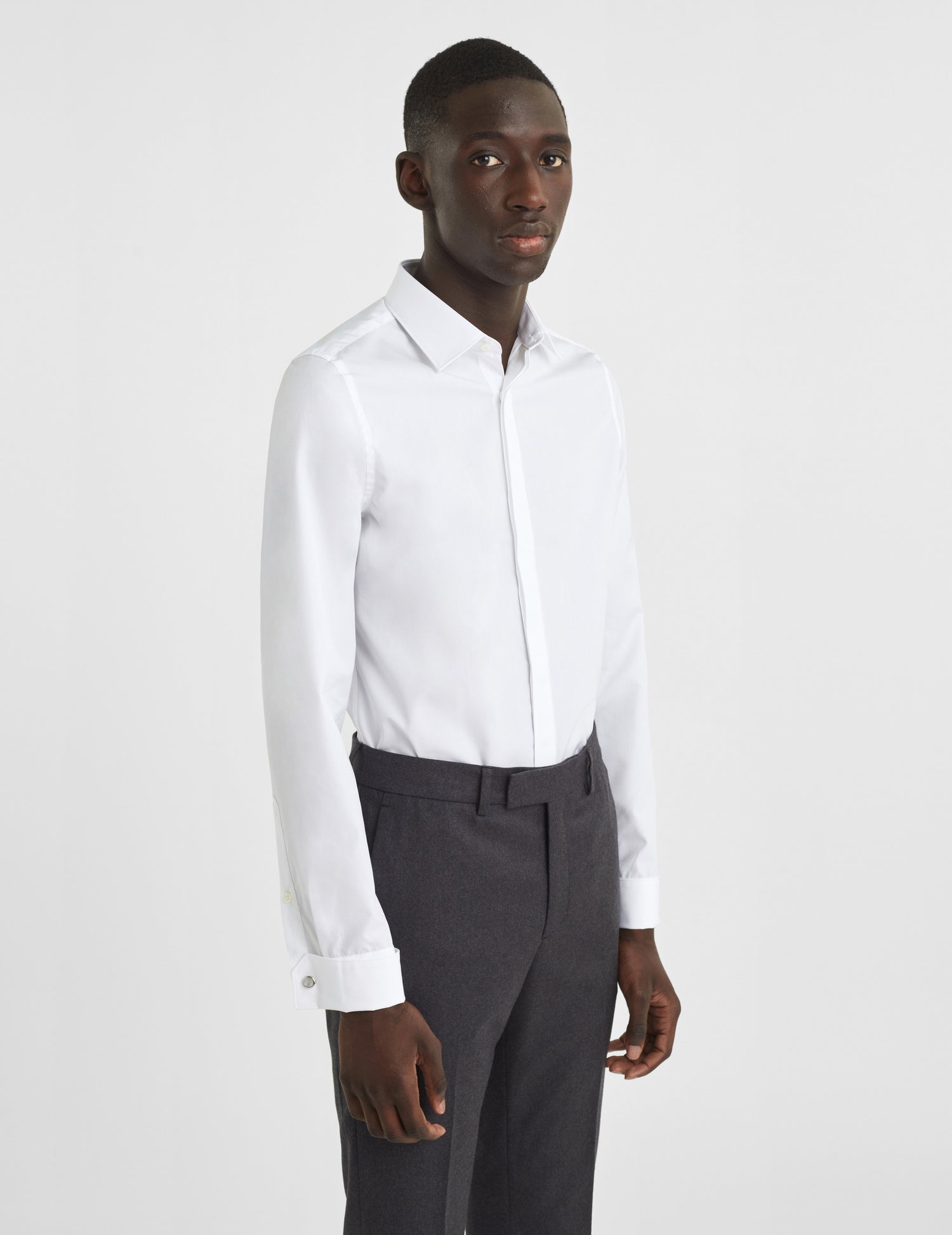 Fitted white concealed throat shirt - Poplin - Figaret Collar - French Cuffs#3